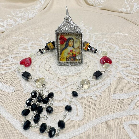 Handcrafted St Teresa Glass Shadow Box Pendant & Artisan Metalwork & Necklace - Picture 3 of 15